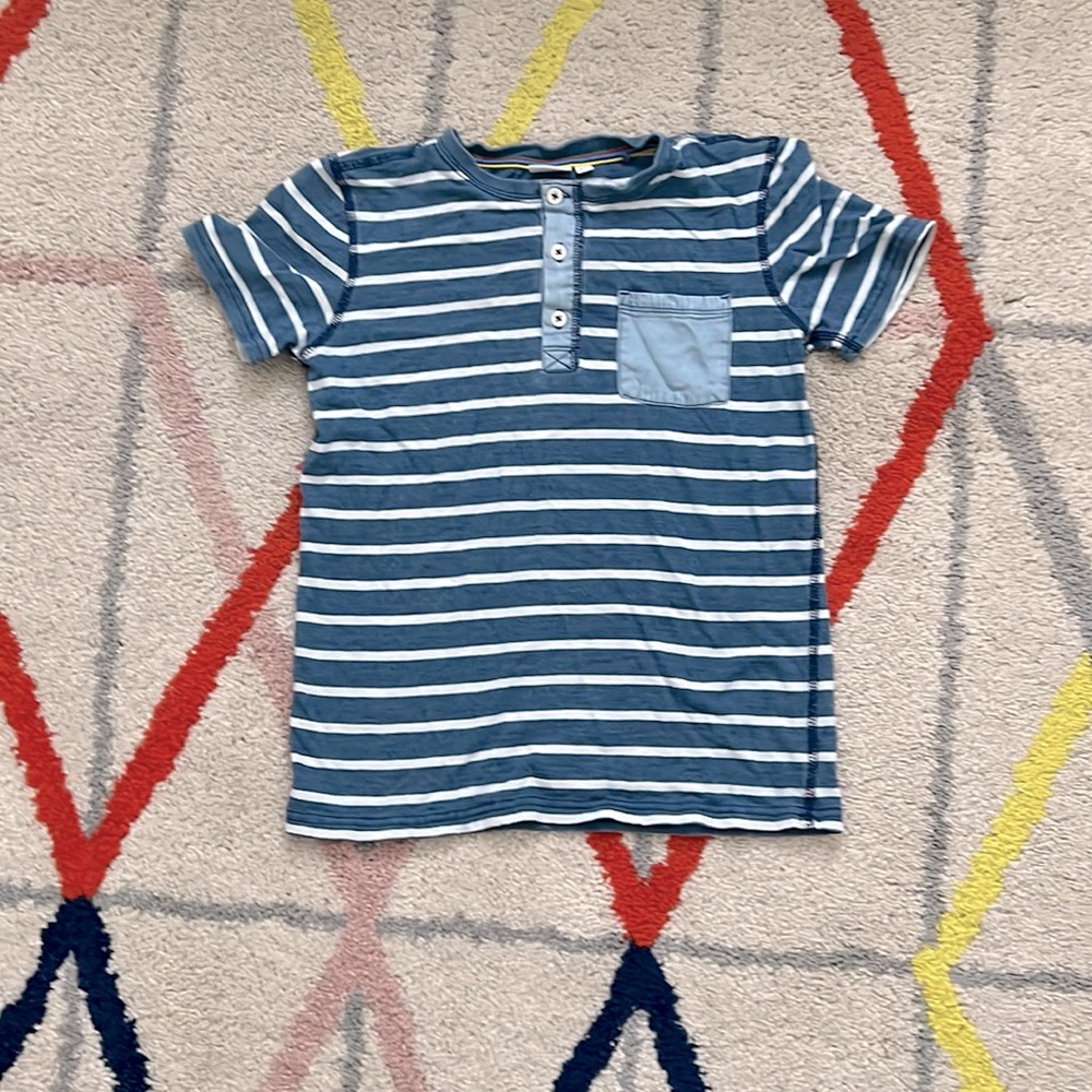 Mini Boden Washed Henley Blue Striped Short-Sleeve T-Shirt with Pocket - (9-10Y)